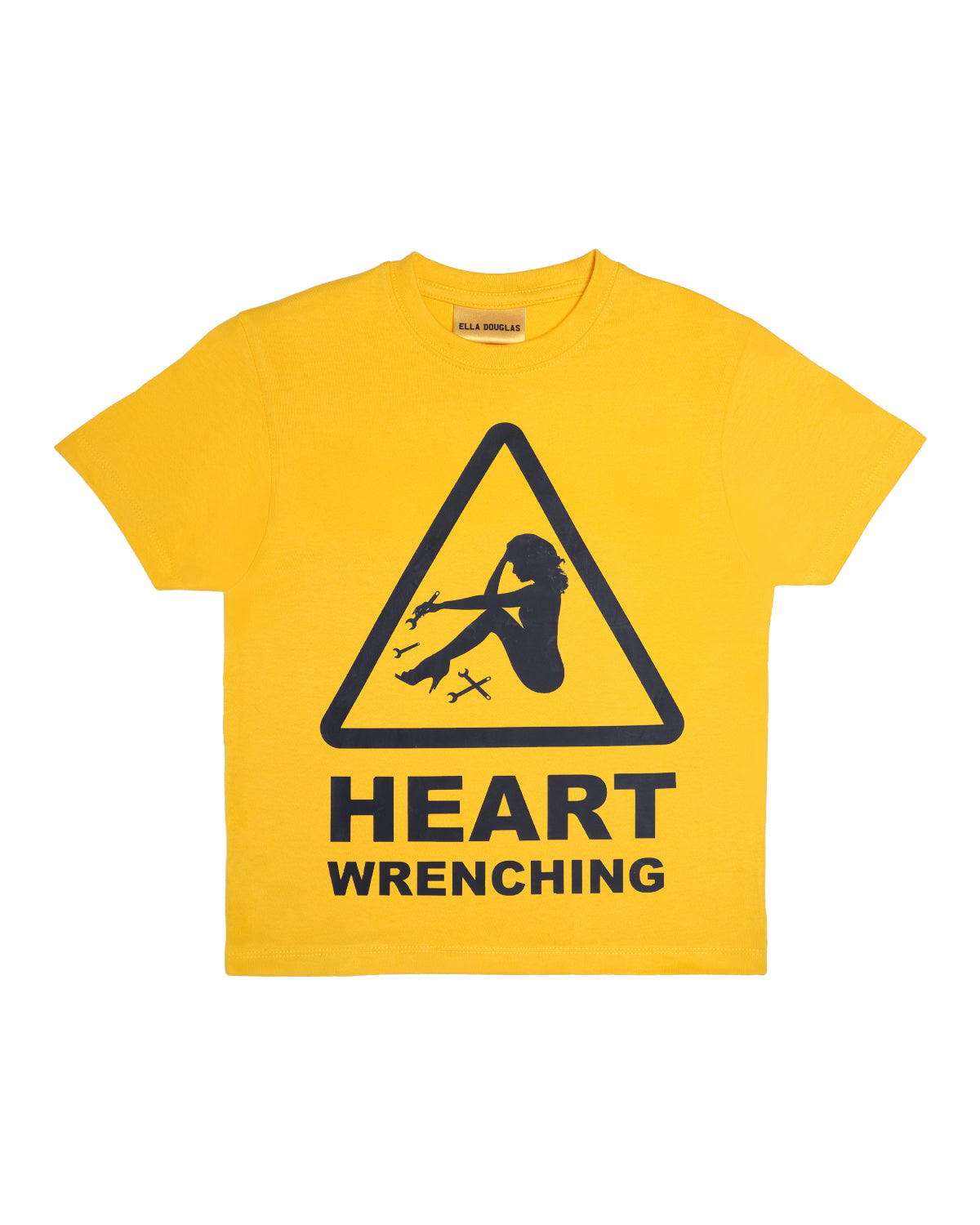 Yellow t-shirt with black graphic and text 'HEART WRENCHING' on a white background