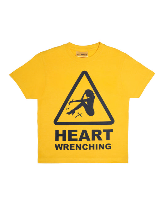 Yellow t-shirt with black graphic and text 'HEART WRENCHING' on a white background